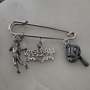 Silver Tone Baseball Mom Charm Brooch